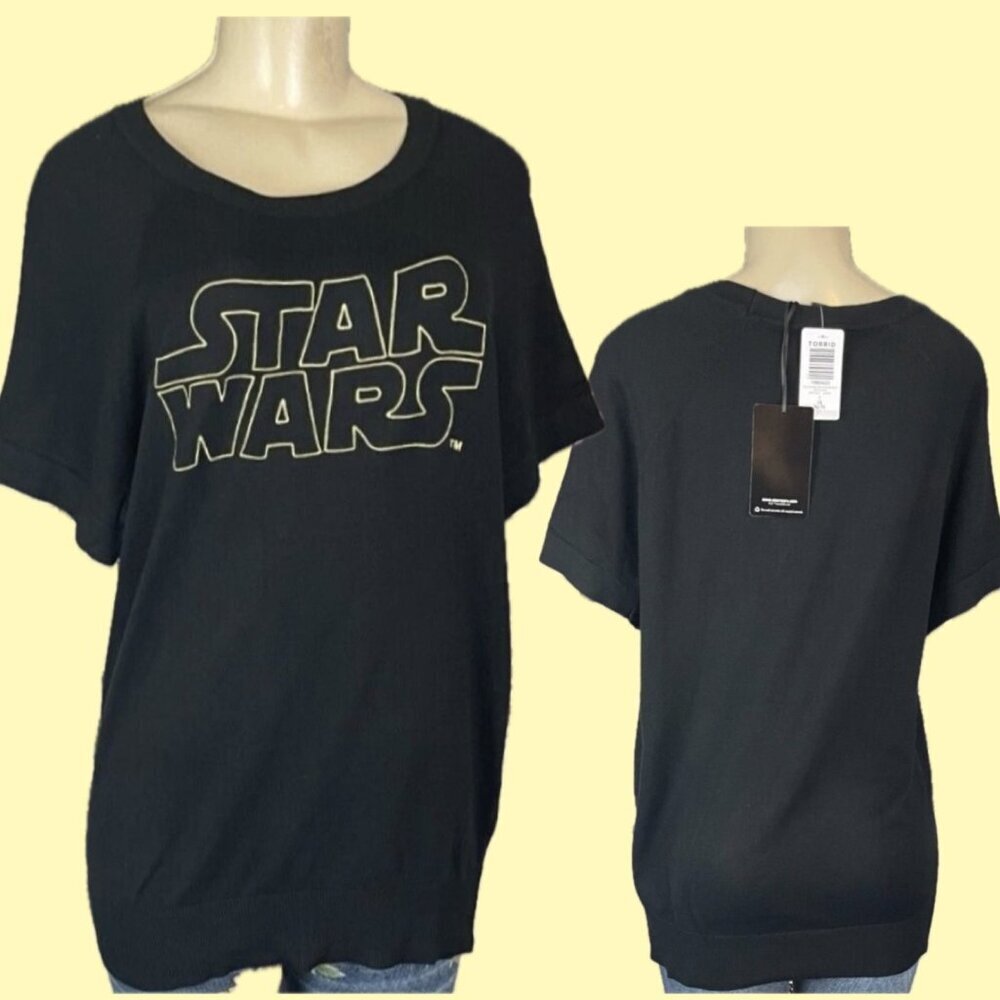 Star Wars XL Logo Black Embroidered Text Crew Neck Short Raglan Sleeve Sweater